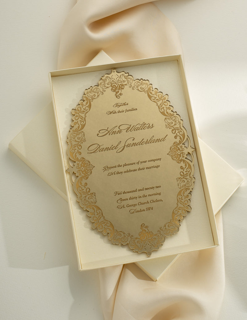 Luxury Boxed Invitation : a Decadent Mirror Gold Plexi Wedding