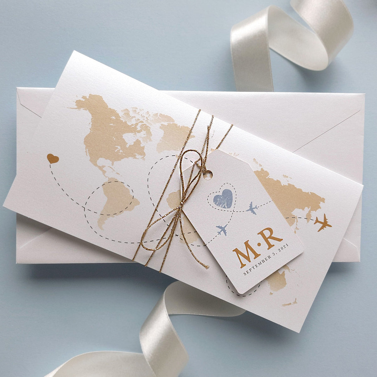 Dusty Blue & Gold Wedding Passport Invite FOLDER :  Luxury Wallet & Tag Passport Invitation