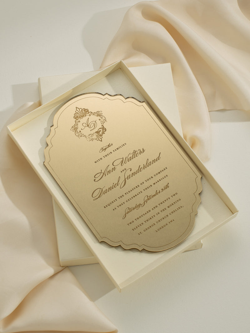 Luxury Boxed Invitation : Monogram Frame Mirror Gold Plexi Wedding