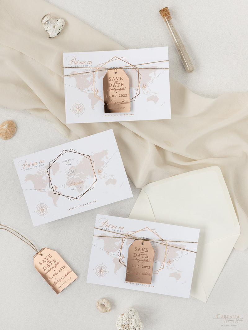 Wedding Save the Date Card with Rose Gold Plexi Mirror Luggage Magnet –  Cartalia