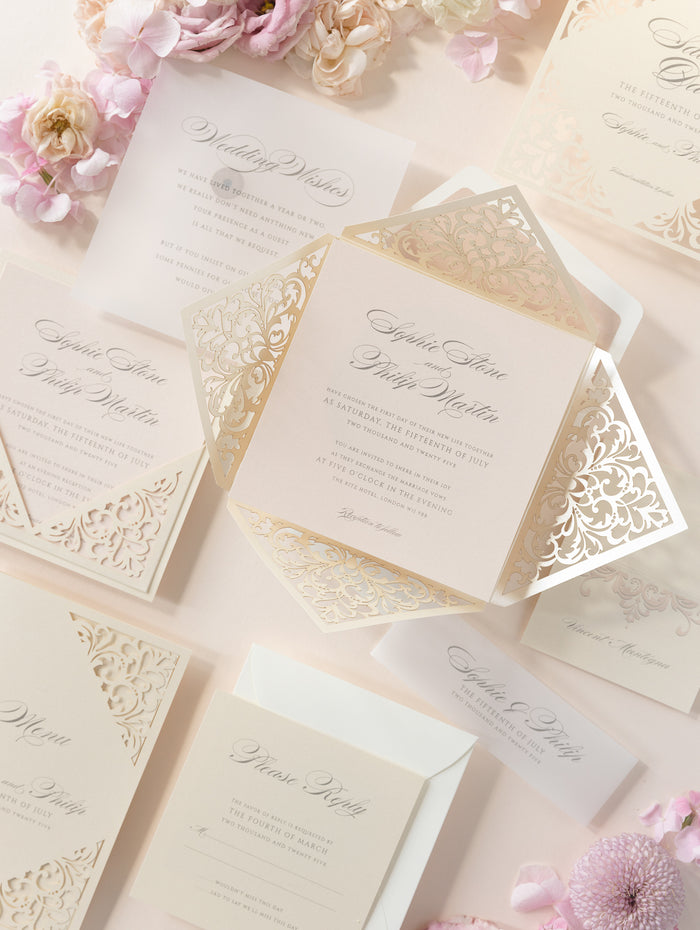 Champagne Laser Cut Lace Wedding Stationery