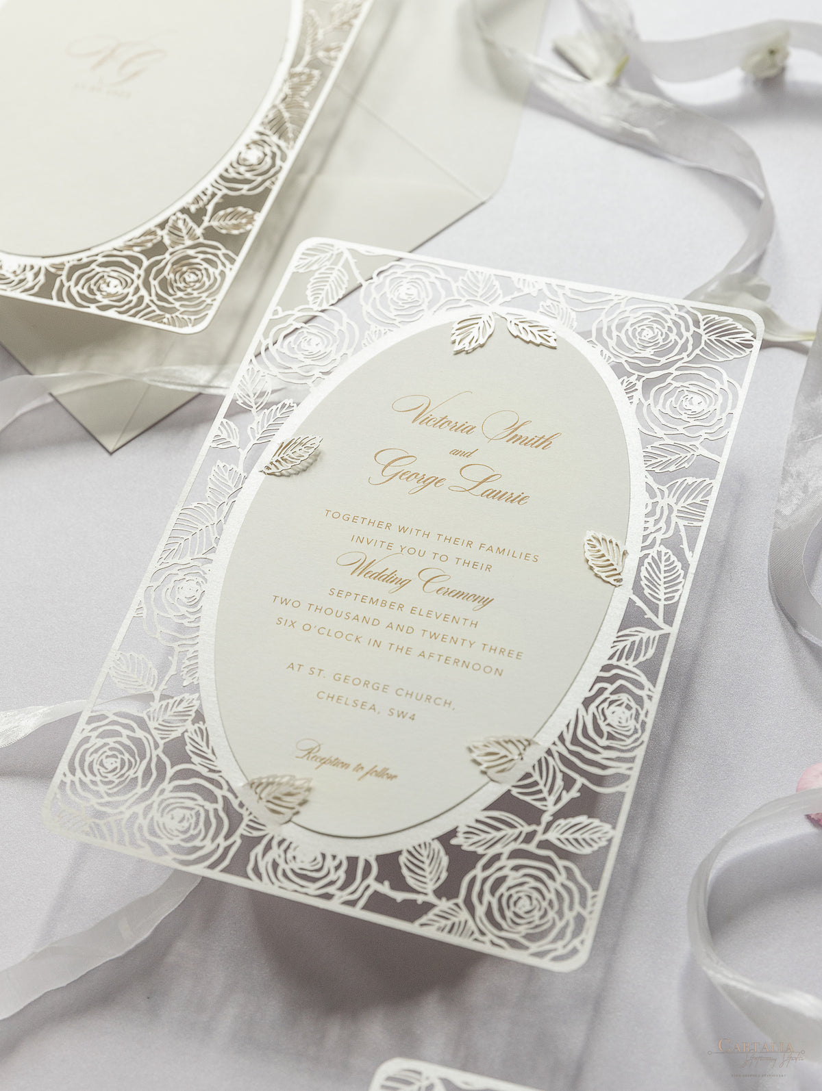 Champagne Romantic Roses Mirror Laser Cut Wedding Day Invitation