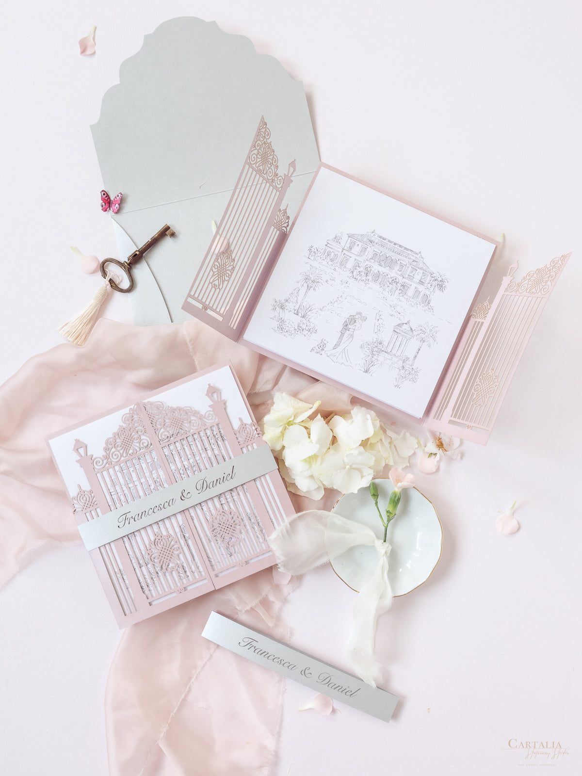 Bespoke Commission Illustration Venue Ornamental Gate Laser Cut Modern Square Wedding Invitation Die Cut Envelope + RSVP Card