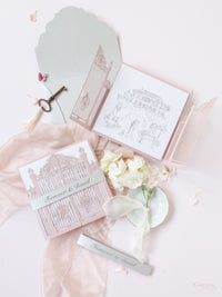 Bespoke Commission Illustration Venue Ornamental Gate Laser Cut Modern Square Wedding Invitation Die Cut Envelope + RSVP Card