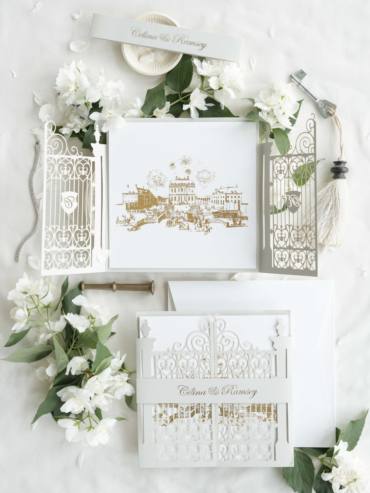 Your Own Venue Ornamental Gate Laser Cut  Foiled Venue Wedding Invitation.