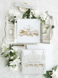 Invitación de boda frustrada con corte láser y puerta ornamental para su propio lugar.