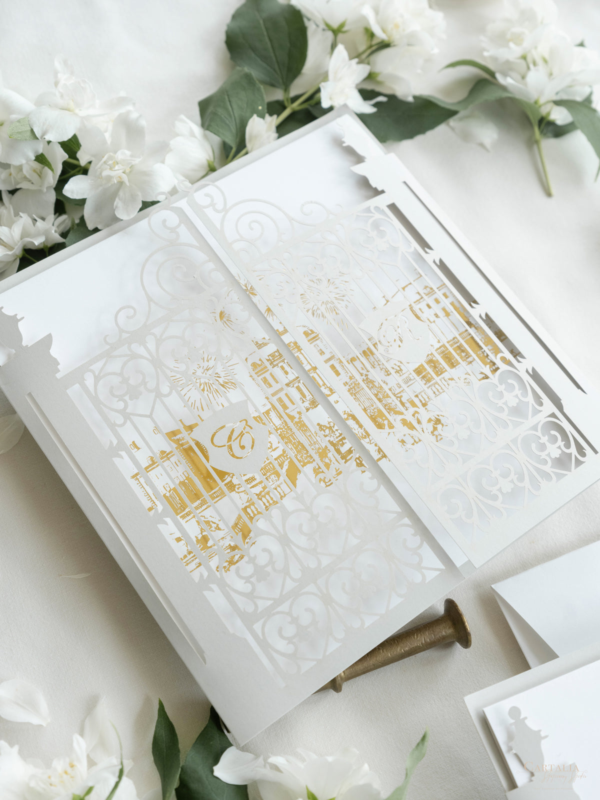 Your Own Venue Ornamental Gate Laser Cut  Foiled Venue Wedding Invitation.