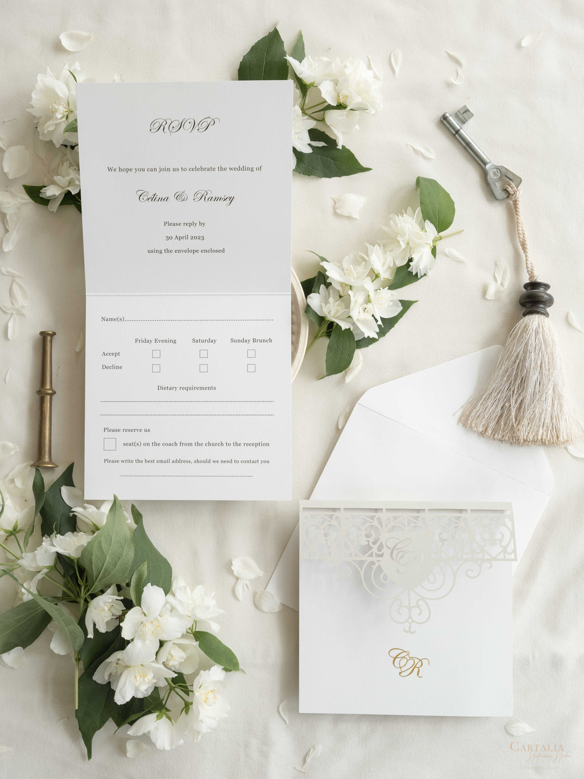 Rsvp Cards with Ornamental Laser Cut Detail & Gold Foil