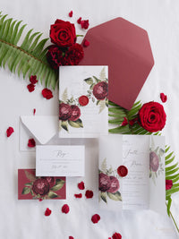 Modern Calligraphy Vellum Parchment Sleeve Invitation with Deep Red Floral Accents and Bordeaux Wax Seal
