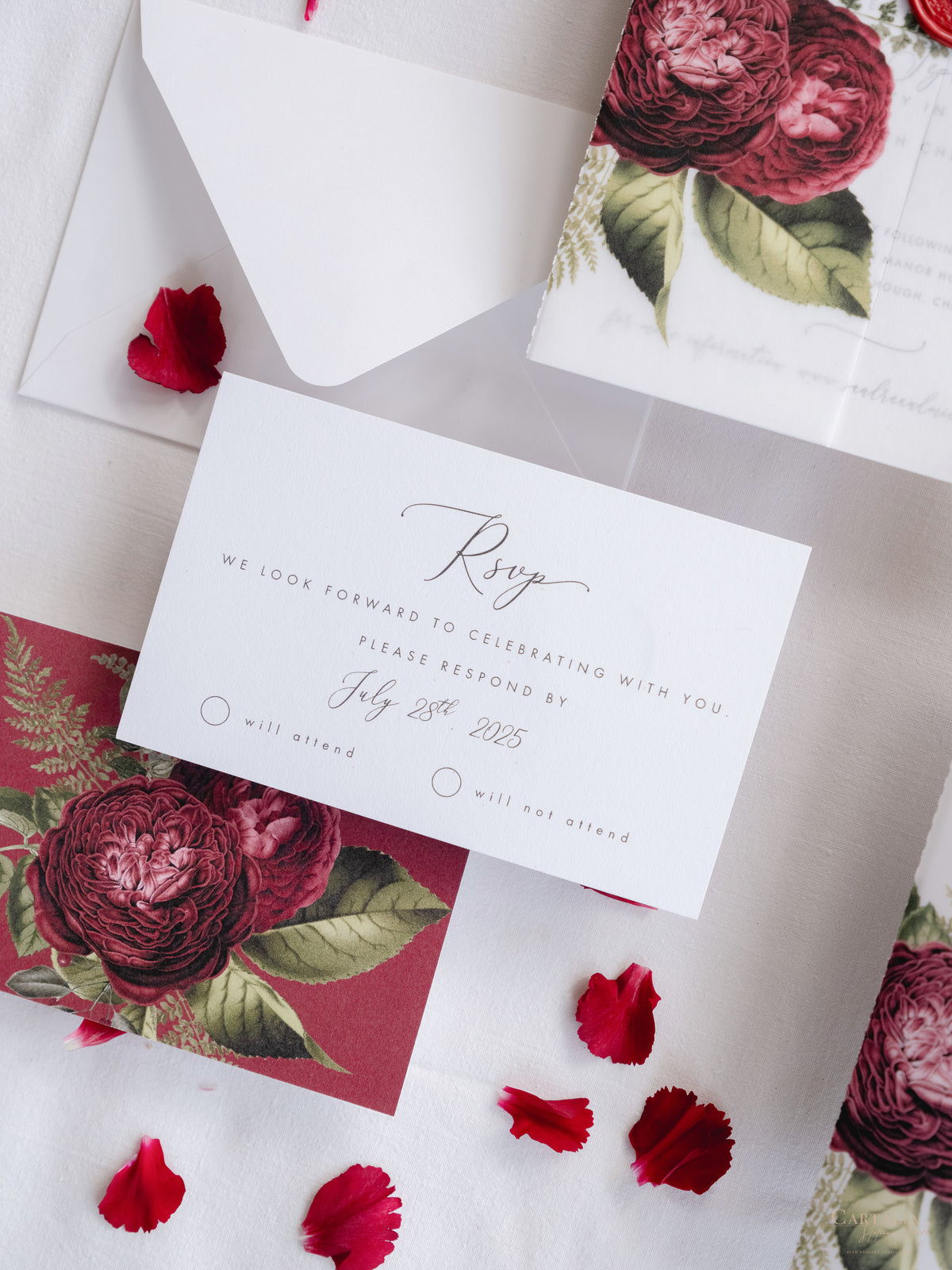 Modern Calligraphy Vellum Parchment Sleeve Invitation with Deep Red Floral Accents and Bordeaux Wax Seal