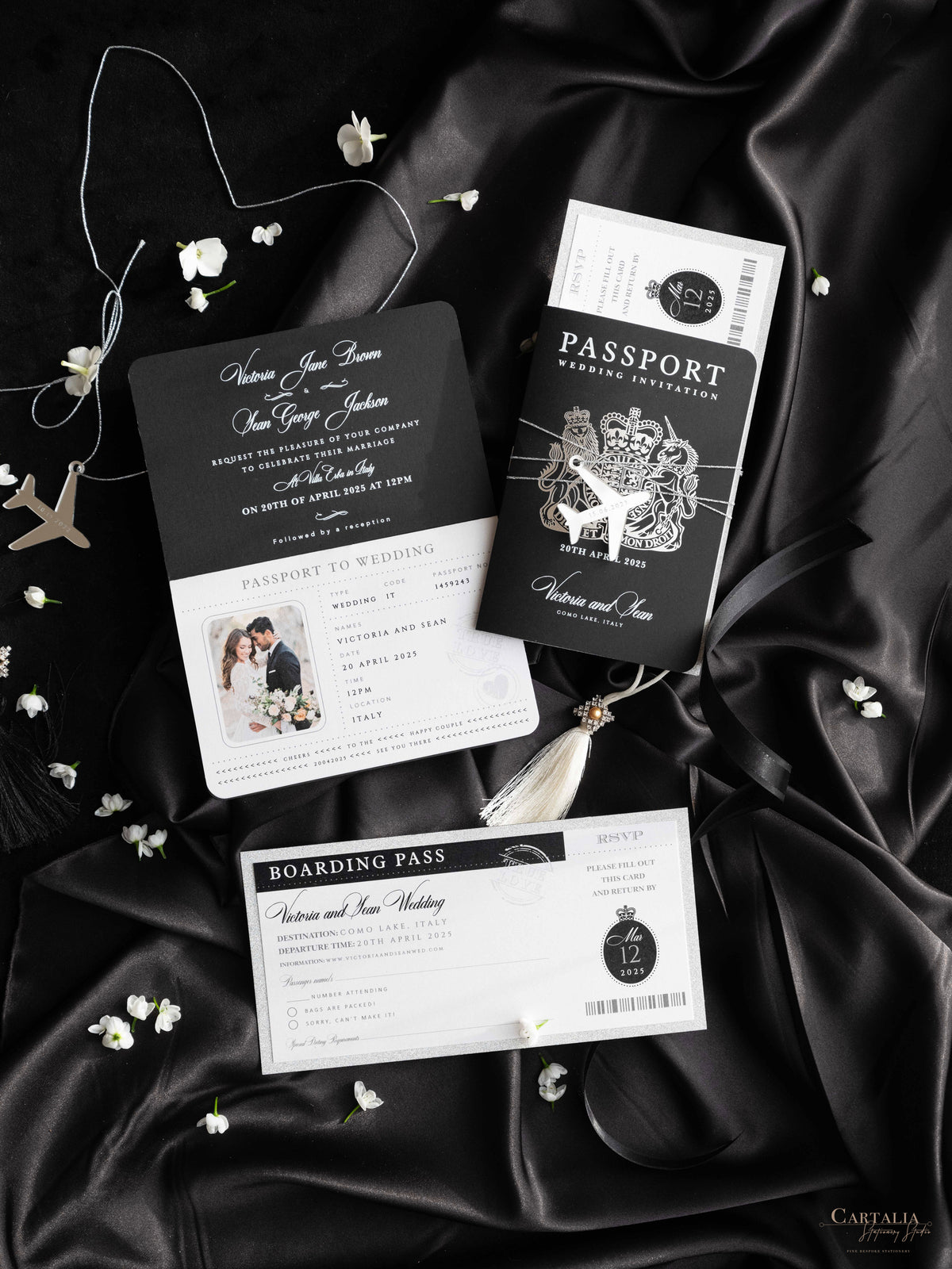 Black Luxury Passport Wedding Invitation Suite with Silver Glitter & Real Silver Foil