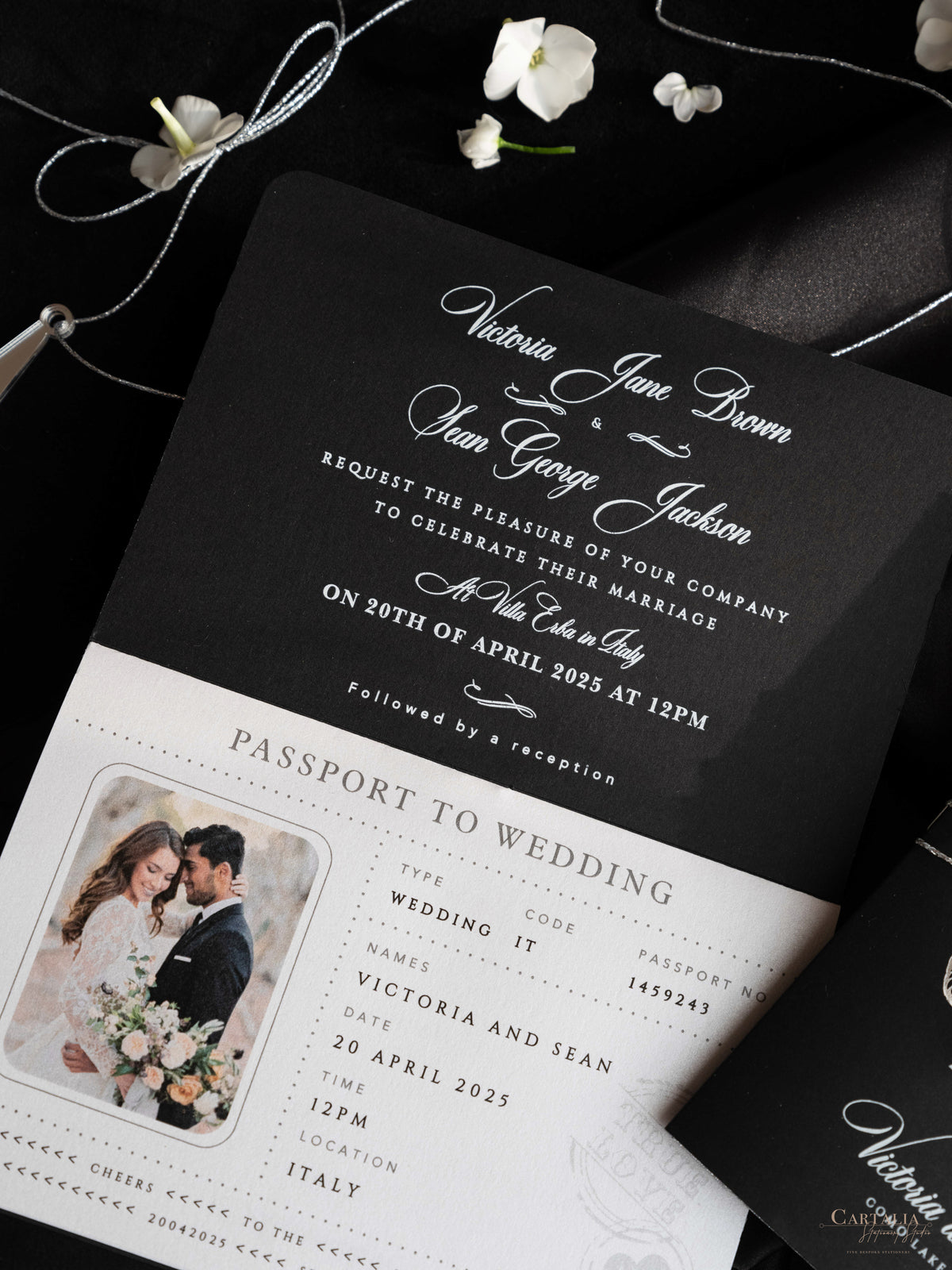 Black Luxury Passport Wedding Invitation Suite with Silver Glitter & Real Silver Foil
