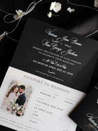 Black Luxury Passport Wedding Invitation Suite with Silver Glitter & Real Silver Foil