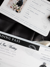 Black Luxury Passport Wedding Invitation Suite with Silver Glitter & Real Silver Foil