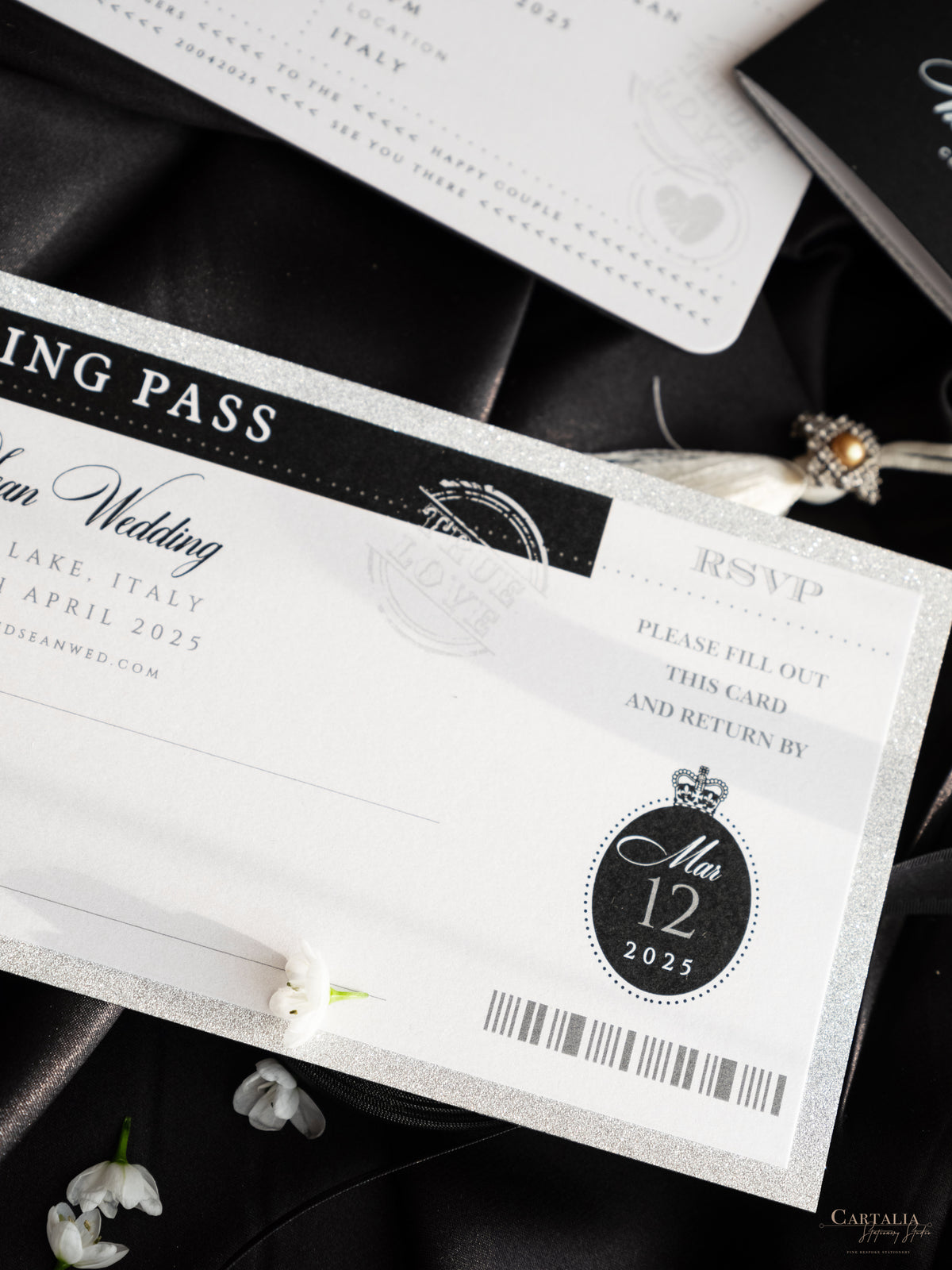Black Luxury Passport Wedding Invitation Suite with Silver Glitter & Real Silver Foil