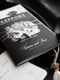 Black Luxury Passport Wedding Invitation Suite with Silver Glitter & Real Silver Foil