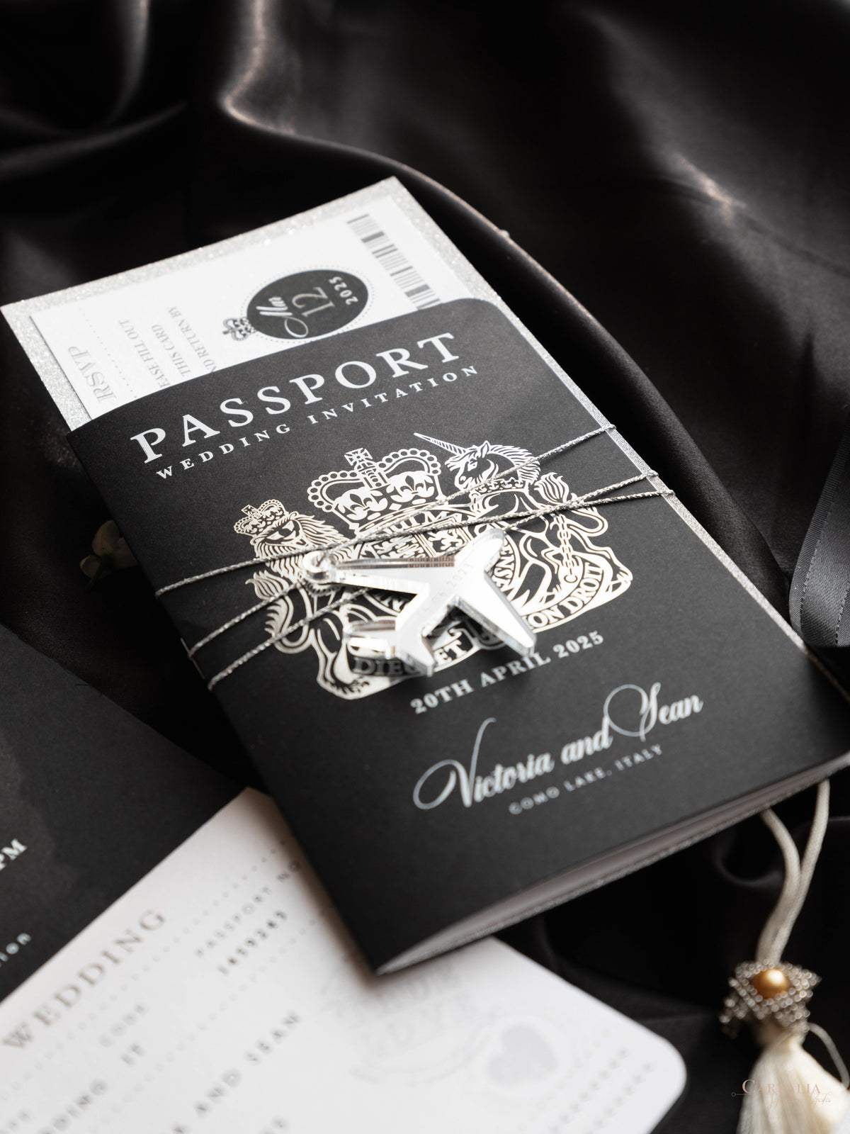 Black Luxury Passport Wedding Invitation Suite with Silver Glitter & Real Silver Foil