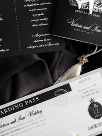 Black Luxury Passport Wedding Invitation Suite with Silver Glitter & Real Silver Foil