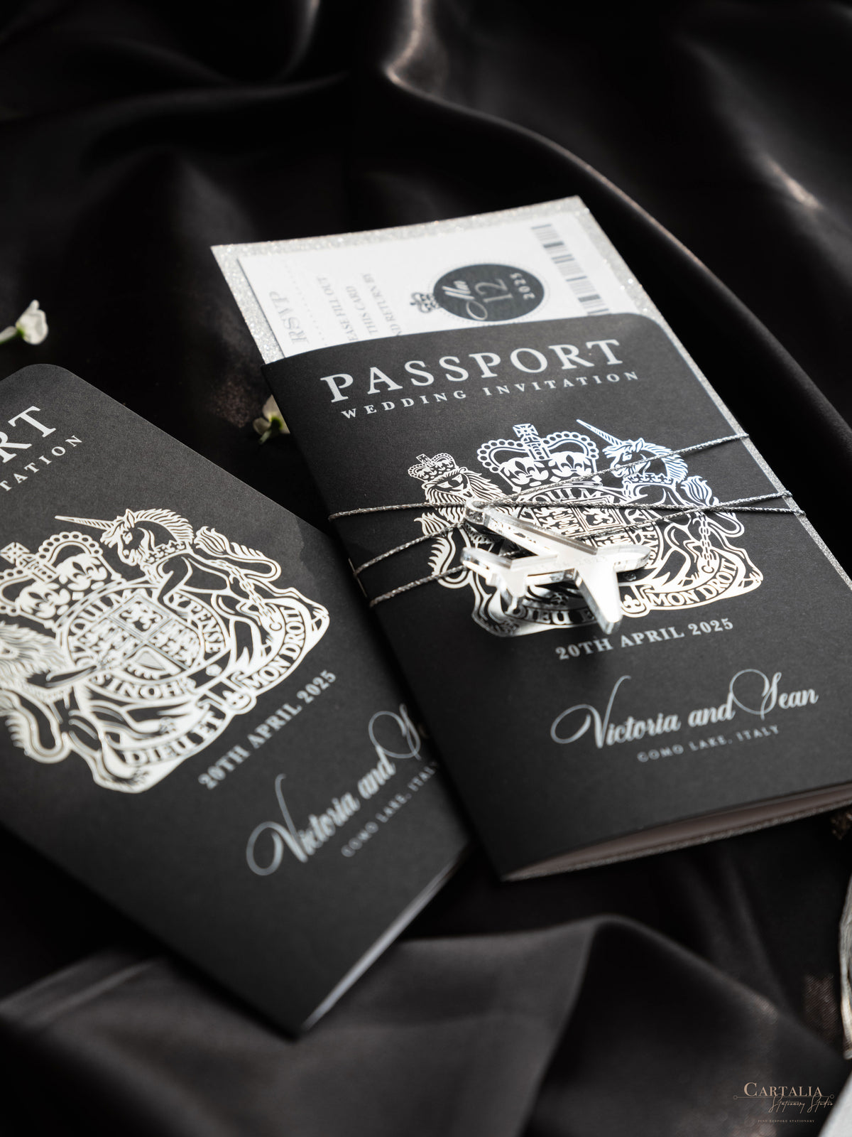 Black Luxury Passport Wedding Invitation Suite with Silver Glitter & Real Silver Foil