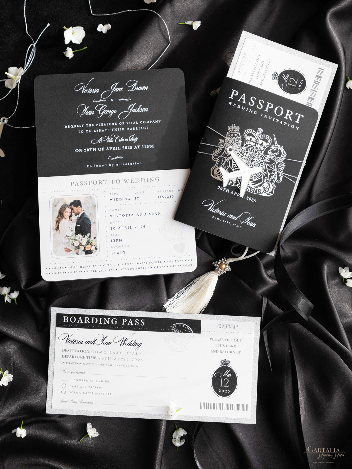 Black Luxury Passport Wedding Invitation Suite with Silver Glitter & Real Silver Foil