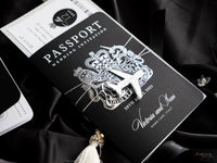 Black Luxury Passport Wedding Invitation Suite with Silver Glitter & Real Silver Foil