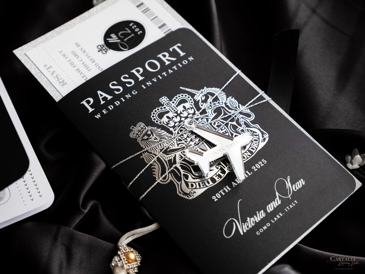 Black Luxury Passport Wedding Invitation Suite with Silver Glitter & Real Silver Foil