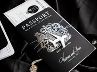 Black Luxury Passport Wedding Invitation Suite with Silver Glitter & Real Silver Foil