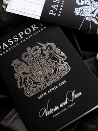 Black Luxury Passport Wedding Invitation Suite with Silver Glitter & Real Silver Foil