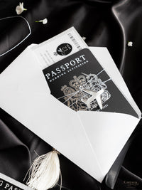 Black Luxury Passport Wedding Invitation Suite with Silver Glitter & Real Silver Foil