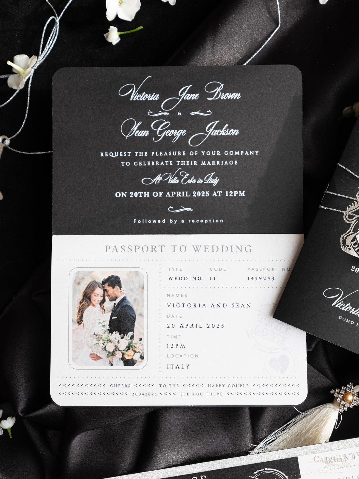 Black Luxury Passport Wedding Invitation Suite with Silver Glitter & Real Silver Foil