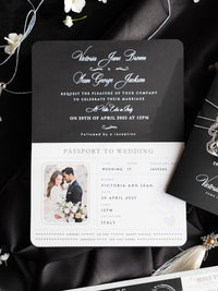 Black Luxury Passport Wedding Invitation Suite with Silver Glitter & Real Silver Foil