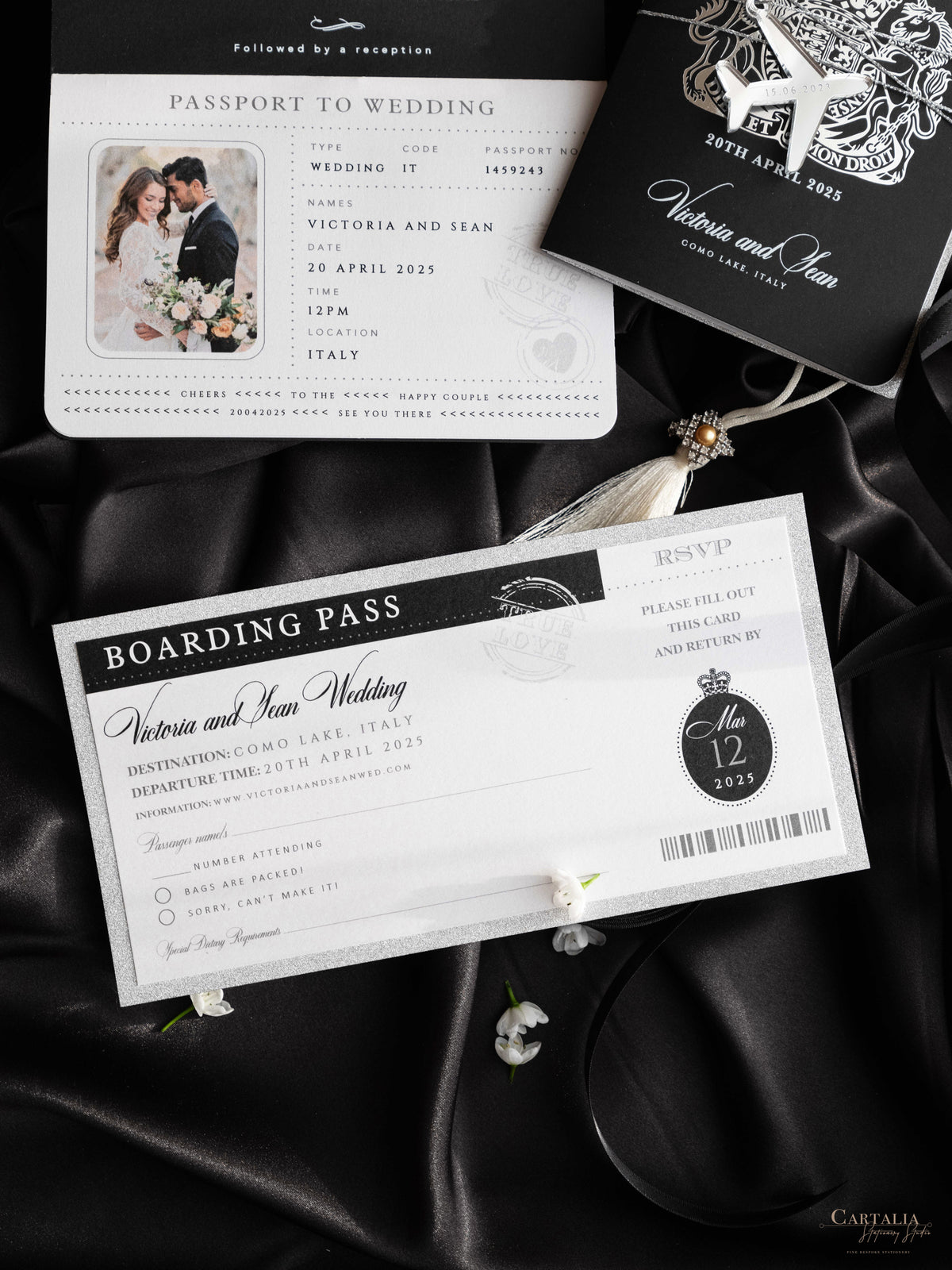 Black Luxury Passport Wedding Invitation Suite with Silver Glitter & Real Silver Foil