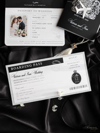 Black Luxury Passport Wedding Invitation Suite with Silver Glitter & Real Silver Foil