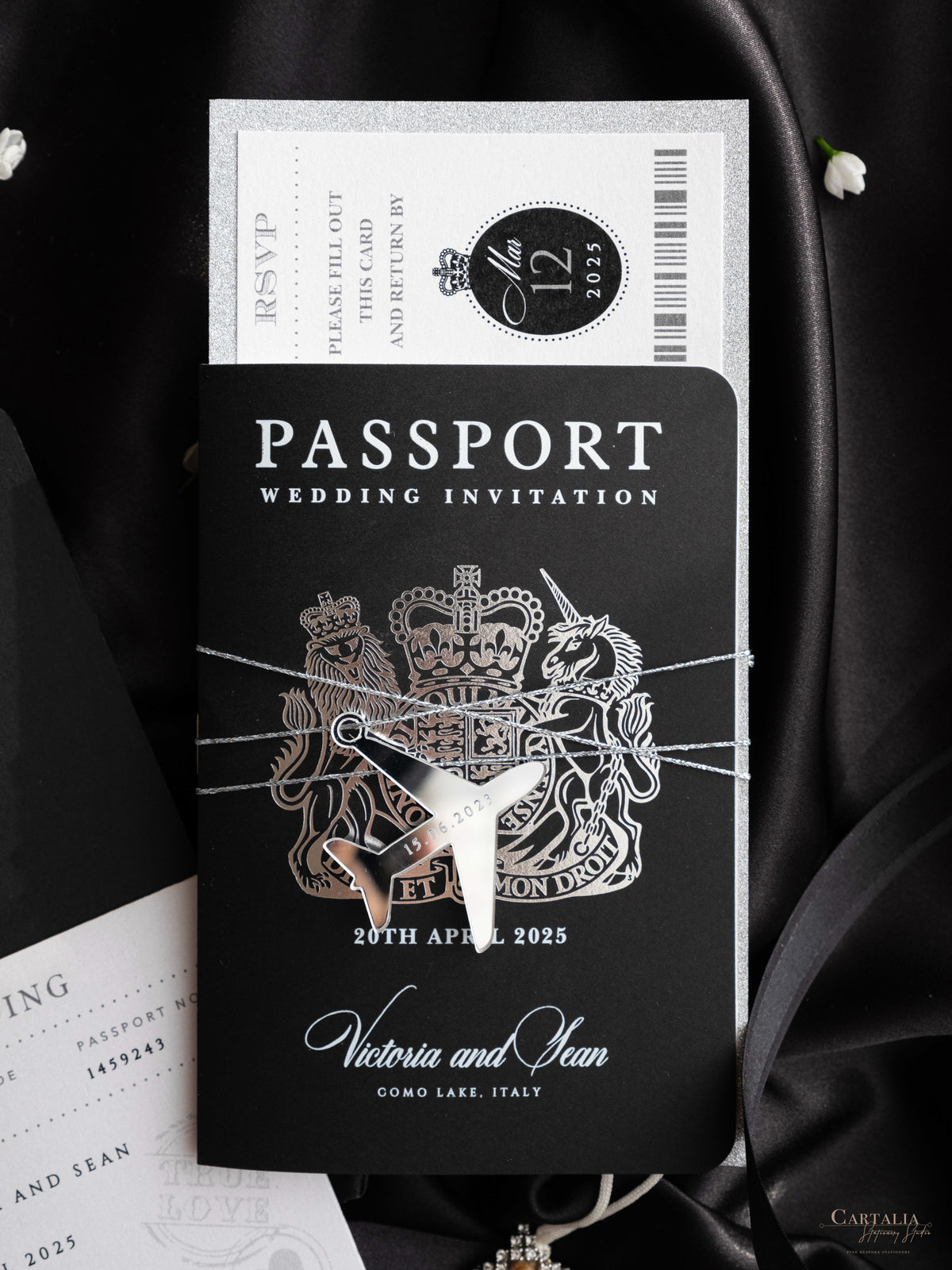 Black Luxury Passport Wedding Invitation Suite with Silver Glitter & Real Silver Foil