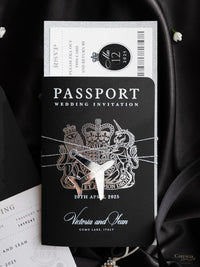 Black Luxury Passport Wedding Invitation Suite with Silver Glitter & Real Silver Foil