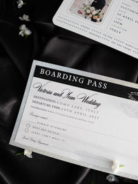 Black Luxury Passport Wedding Invitation Suite with Silver Glitter & Real Silver Foil