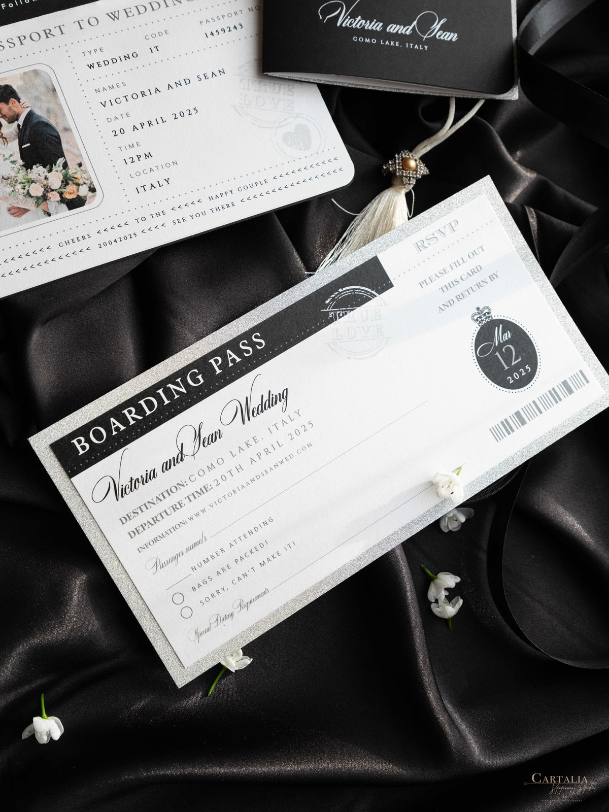Black Luxury Passport Wedding Invitation Suite with Silver Glitter & Real Silver Foil