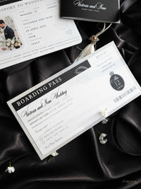 Black Luxury Passport Wedding Invitation Suite with Silver Glitter & Real Silver Foil