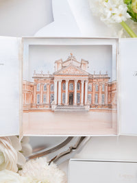 Invitación en caja 3D de alta costura a medida con puerta cortada con láser | Lugar de celebración de Villa Ephrussi | Comisión a medida M&amp;J