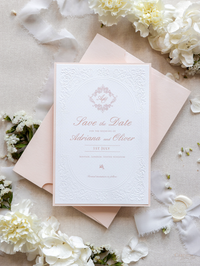 Embossed Romantic Save the Date Card with Hand Torn Ribbon & Wax Seal