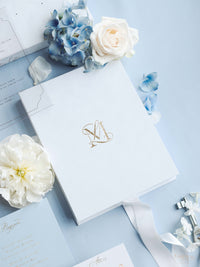 3D Luxury Velvet Hard Back Boxed & Ribbon Invitation with Gold Foil Venue | Bespoke Commission L&M