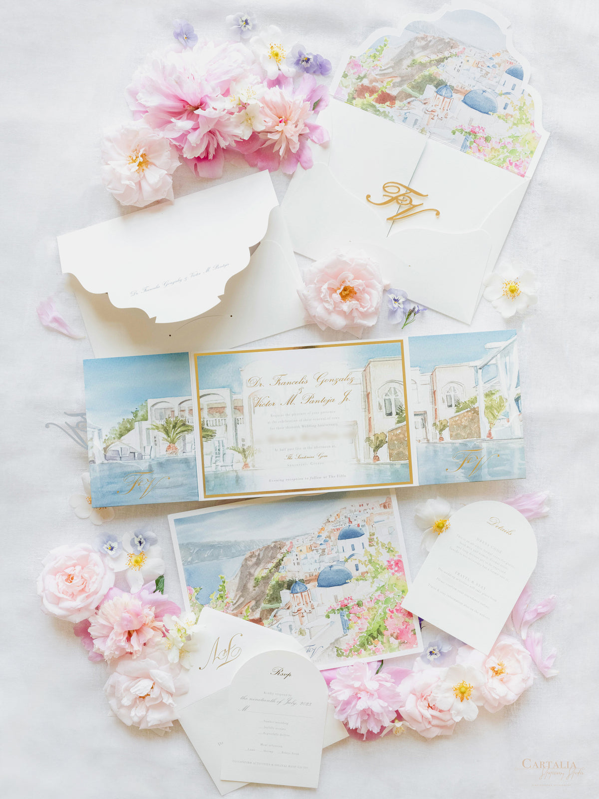 Watercolour Santorini Gem Venue Pocketfold Wedding Invitation Suite | Bespoke Commission F&V