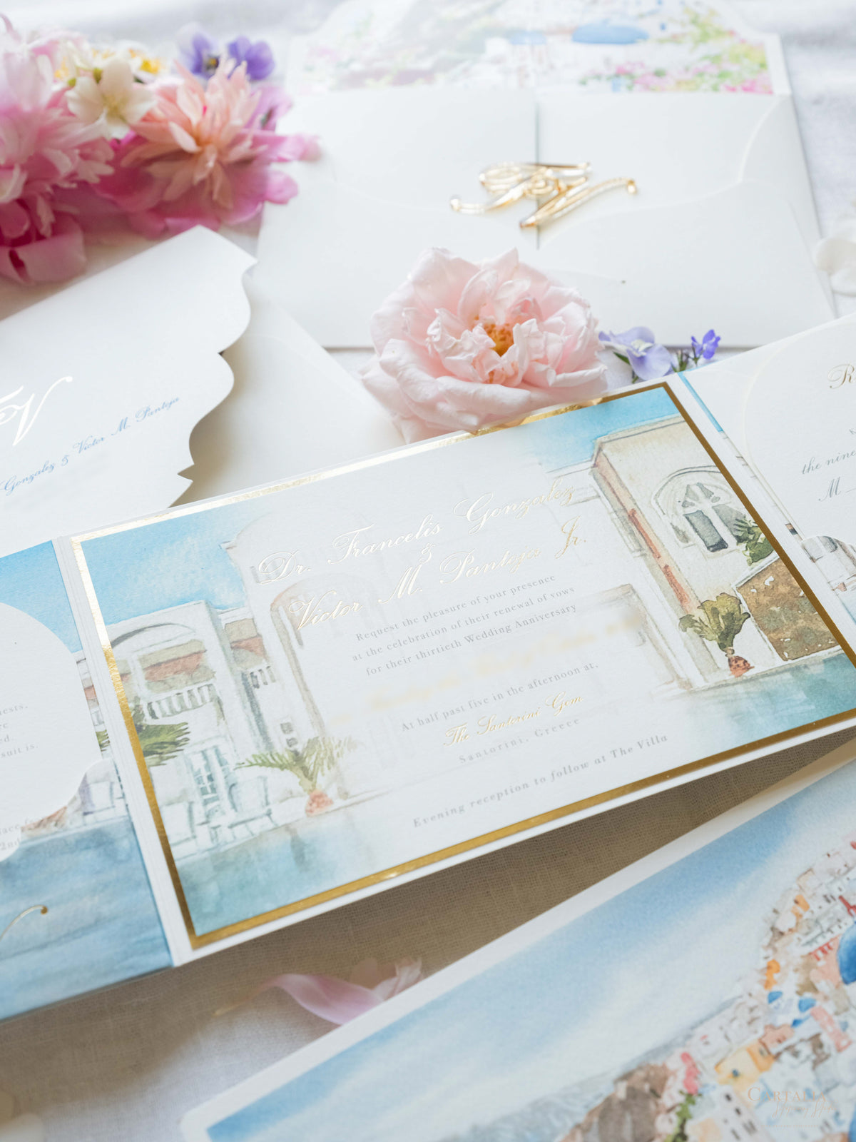 Suite de invitación de boda con bolsillo de acuarela Santorini | Comisión personalizada de frutas y hortalizas