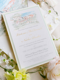 Invitación personalizada al lugar de la boda en acuarela con lámina dorada | Villa Regina Teodolinda | Lago Como