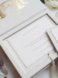 Luxury Velvet Hard Back Box & Tassel Invitation with Gold Foil Venue | Bespoke Commission G&P | Villa Balbiano, Lake Como