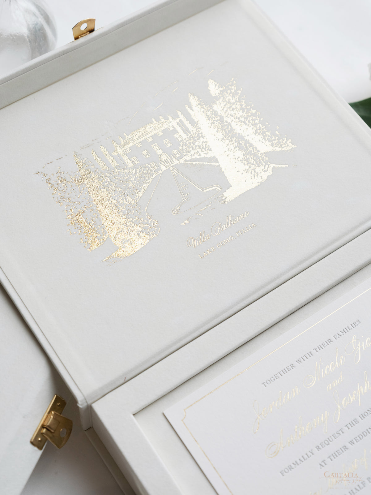Luxury Velvet Hard Back Box & Tassel Invitation with Gold Foil Venue | Bespoke Commission G&P | Villa Balbiano, Lake Como