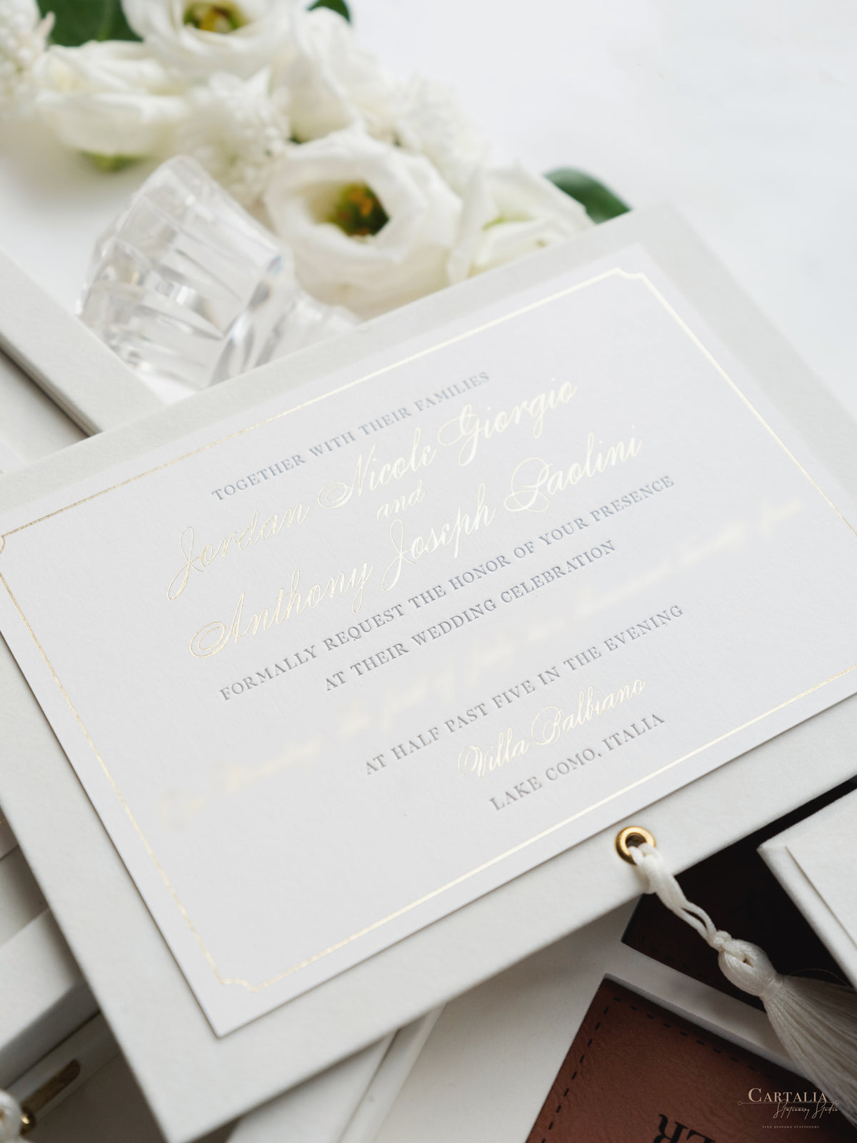 Luxury Velvet Hard Back Box & Tassel Invitation with Gold Foil Venue | Bespoke Commission G&P | Villa Balbiano, Lake Como