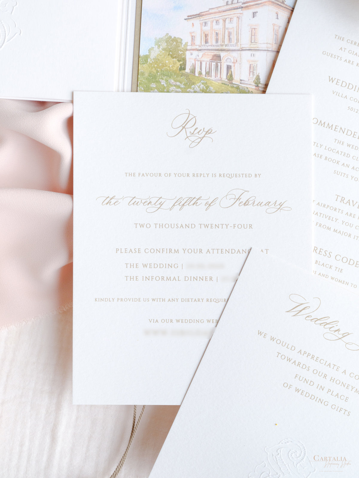 Luxury Watercolour Villa Cora Pocket with Letterpress and Deckled Edge Envelope | Bespoke Commission for S&S