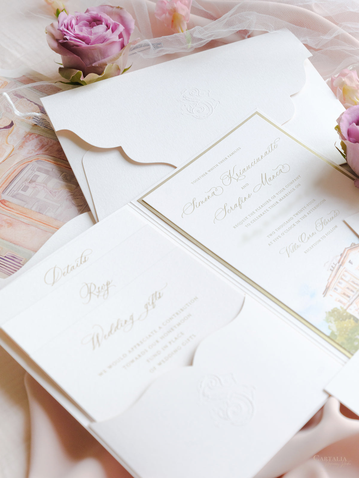 Luxury Watercolour Villa Cora Pocket with Letterpress and Deckled Edge Envelope | Bespoke Commission for S&S