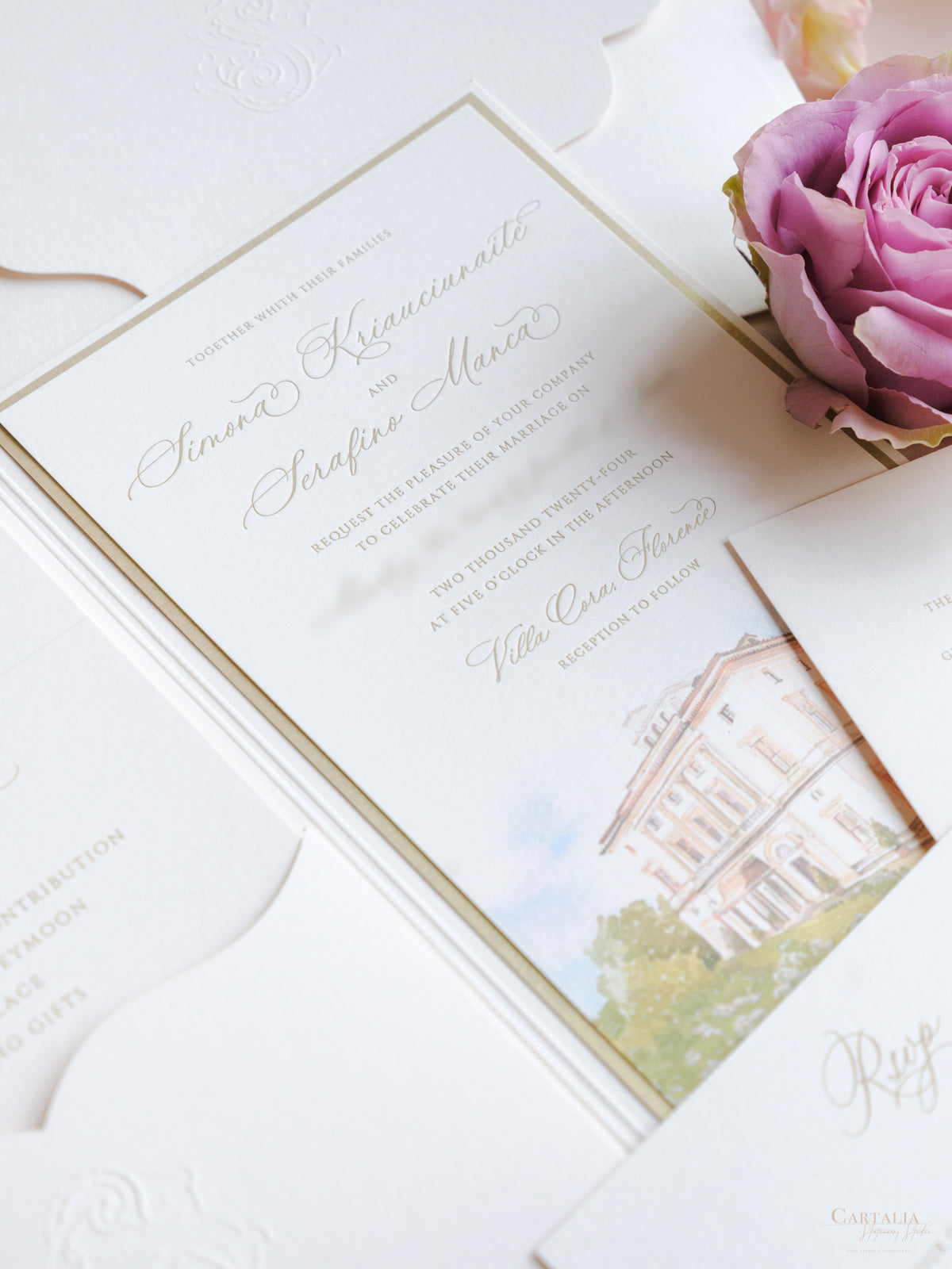 Luxury Watercolour Villa Cora Pocket with Letterpress and Deckled Edge Envelope | Bespoke Commission for S&S